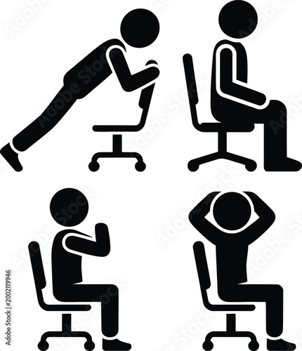 Illustrations of different office worker postures and ergonomic positions