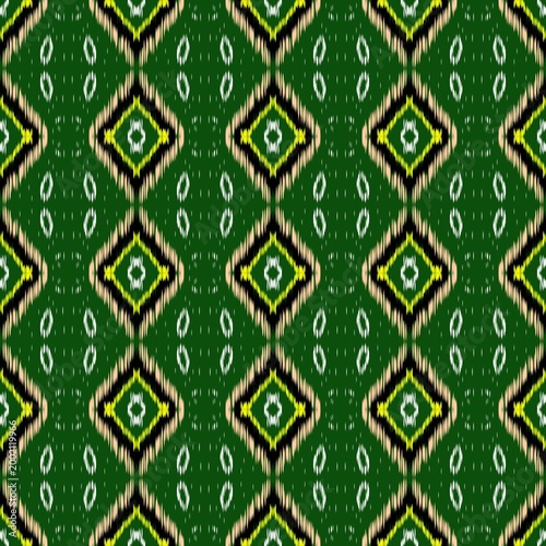 Green Ikat Seamless Pattern with Geometric Diamond Motif