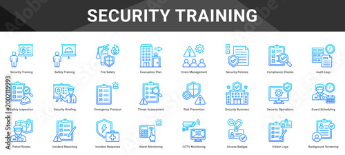 SECURITY TRAINING  Icon set collection. Vector icon pack featuring thematic icons for your presentations or business.