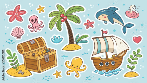 Cute sea life and nautical elements set, including a treasure chest, palm tree, ship, octopus, starfish, and whale, perfect for summer designs