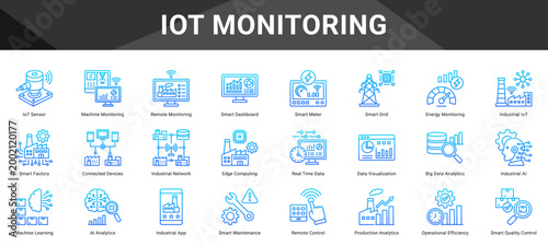 IOT MONITORING  Icon set collection. Vector icon pack featuring thematic icons for your presentations or business.