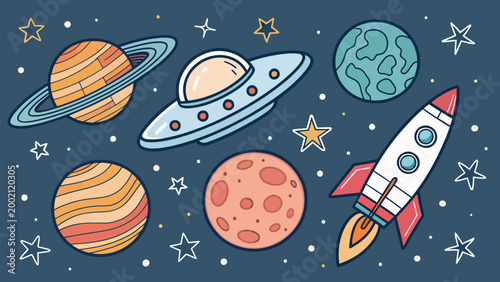 Seamless pattern with cute space elements, planets, stars, rocket and ufo on dark blue background hand drawn vector illustration for kids