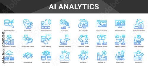 AI ANALYTICS  Icon set collection. Vector icon pack featuring thematic icons for your presentations or business.