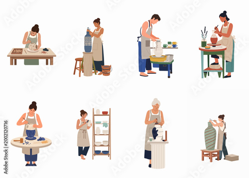 Konstfotografi Flat vector illustration set of diverse male and female artisans creating ceramic pottery, sculpting, and painting vases in their studio workshops