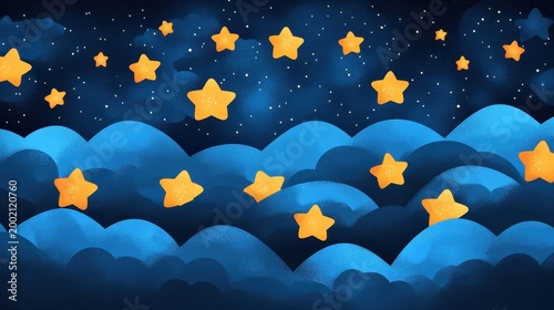 Whimsical night sky with glowing yellow stars and rolling blue clouds