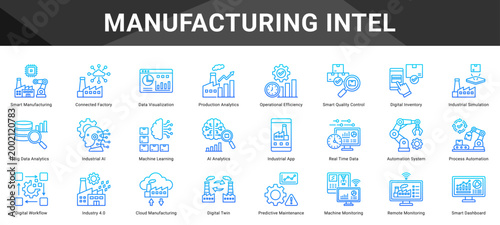 MANUFACTURING INTEL  Icon set collection. Vector icon pack featuring thematic icons for your presentations or business.