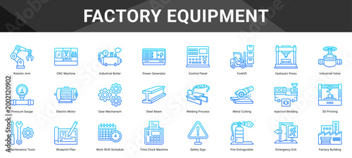 FACTORY EQUIPMENT  Icon set collection. Vector icon pack featuring thematic icons for your presentations or business.