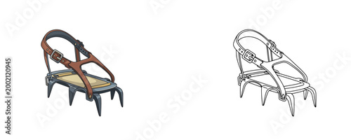 Colored and black outline climbing crampons illustrations in cartoon and line art styles with steel spikes and brown leather straps used for ice traction on white background