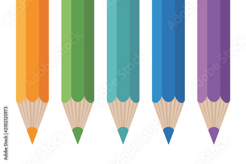 Colorful pencils, orange, green, teal, blue, and purple, arranged vertically against a white background