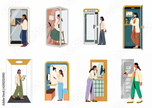 Set of illustrations showing businesswomen using soundproof office pods and acoustic phone booths for private work, calls, and meetings in a modern office environment.