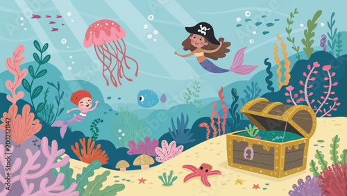 Cute cartoon underwater scene with mermaids, a jellyfish, a treasure chest, and colorful coral reefs in the deep blue sea