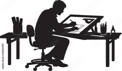 A detailed black silhouette of an architect working at a desk with tools