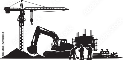 A black silhouette of a construction site featuring a crane excavator and workers