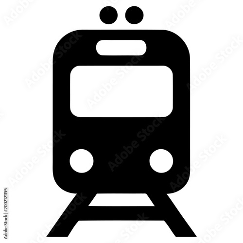 Simple black vector illustration of a modern train or subway car icon viewed from the front, designed for graphic applications and transportation concepts.