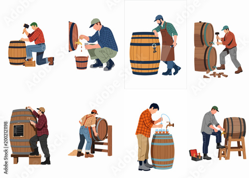 Collection of flat illustrations showing men working with wooden barrels for winemaking, brewing, and cellar management.