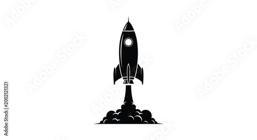 Rocket ship launching with flame trail black silhouette
