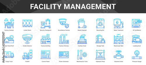 FACILITY MANAGEMENT  Icon set collection. Vector icon pack featuring thematic icons for your presentations or business.