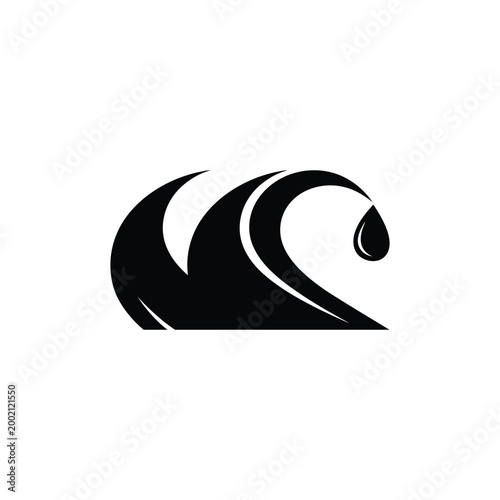 Abstract black vector illustration of a powerful crashing wave with a falling water droplet symbol