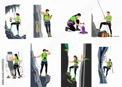 Set of flat vector illustrations depicting various outdoor adventure activities including rock climbing, spelunking, ice climbing, and cave exploration.