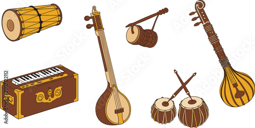 Tableau sur toile Indian Musical Instruments Collection sitar tabla