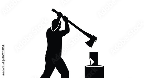 Strong lumberjack silhouette swinging a large sharp axe to chop wood on white background