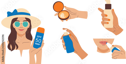 Sun protection skincare set featuring woman in hat holding sunscreen bottle with hands applying cream spray and lip balm