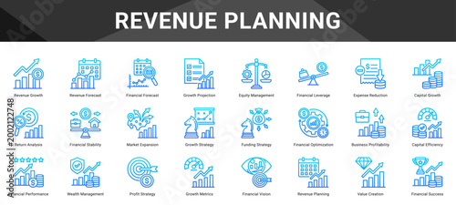REVENUE PLANNING  Icon set collection. Vector icon pack featuring thematic icons for your presentations or business.