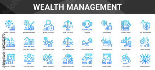 WEALTH MANAGEMENT  Icon set collection. Vector icon pack featuring thematic icons for your presentations or business.