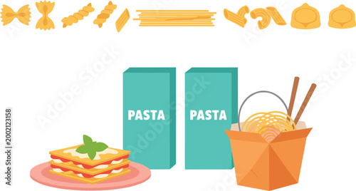 Vector illustration of assorted pasta shapes with lasagna plate, noodle takeout, and packaging boxes