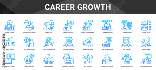 CAREER GROWTH  Icon set collection. Vector icon pack featuring thematic icons for your presentations or business.