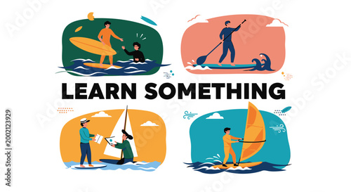 Water Sports, Learn to Surf, Sail, Paddleboard, Educational Icons