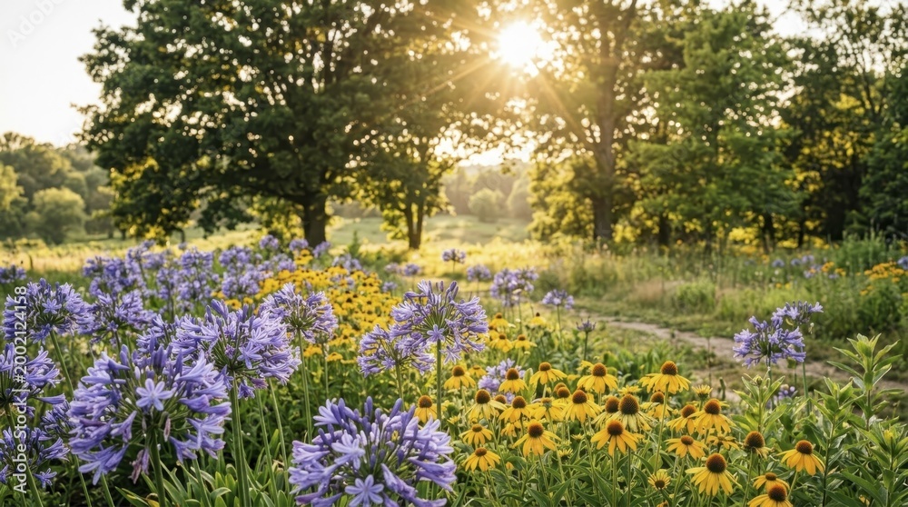 Obraz premium Summer meadow landscape with blooming purple and yellow wildflowers at sunset