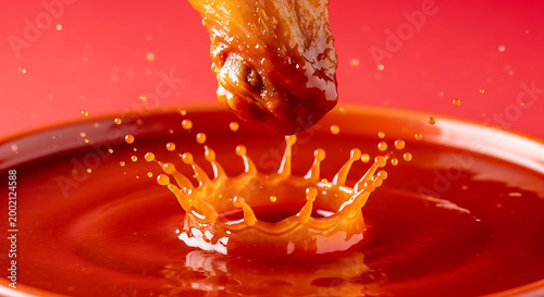Delicious chicken wing coated in barbecue sauce splashing into a bowl of sauce