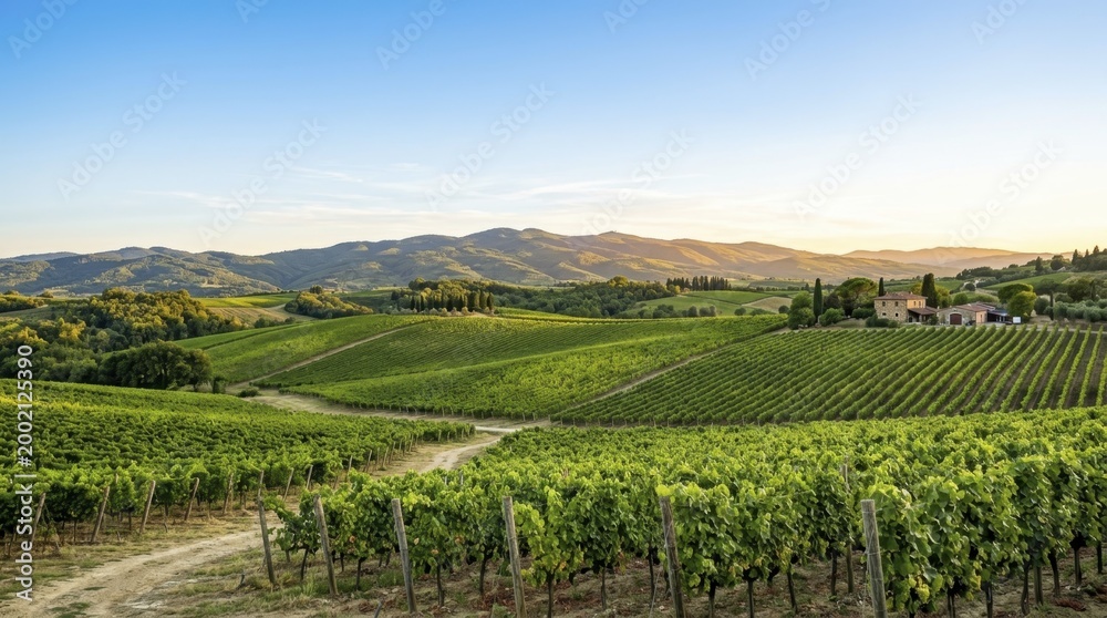 Fototapeta premium Vineyard landscape with green rows of grapevines in the rolling hills during summer