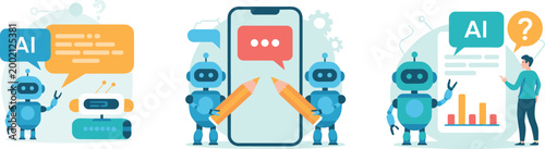 Artificial intelligence robot assistant set featuring chatbot icons mobile phone creative writing and human collaboration for data analysis technology