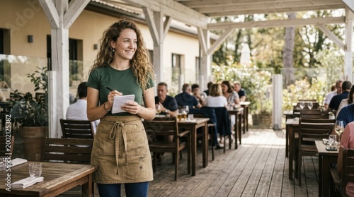 Smiling waitress taking a customer order in an outdoor summer restaurant