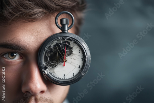 Young man holding a cracked vintage pocket watch over his eye with exposed gears and clock hands symbolizing time pressure and obsession