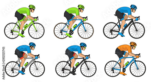 Group of diverse male cyclists in racing attire on various bicycles positioned in a grid layout with different vibrant apparel and bike color schemes showcasing athletic movement and competitive