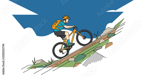 Active person navigates a steep mountain trail on a bicycle enjoying outdoor adventure and challenging terrain in a natural environment with a vibrant blue sky overhead