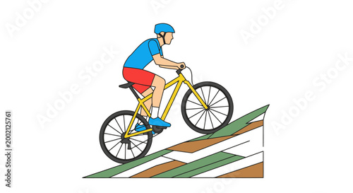 One athletic person in protective helmet and sportswear rides a yellow bicycle downhill on a textured textured slope representing outdoor terrain for recreational activity and extreme sports