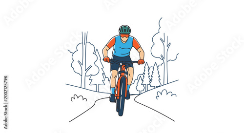 Full body shot of a person riding a bicycle on a winding path through trees enjoying outdoor recreation and a healthy active lifestyle during warm weather conveying motion and adventure