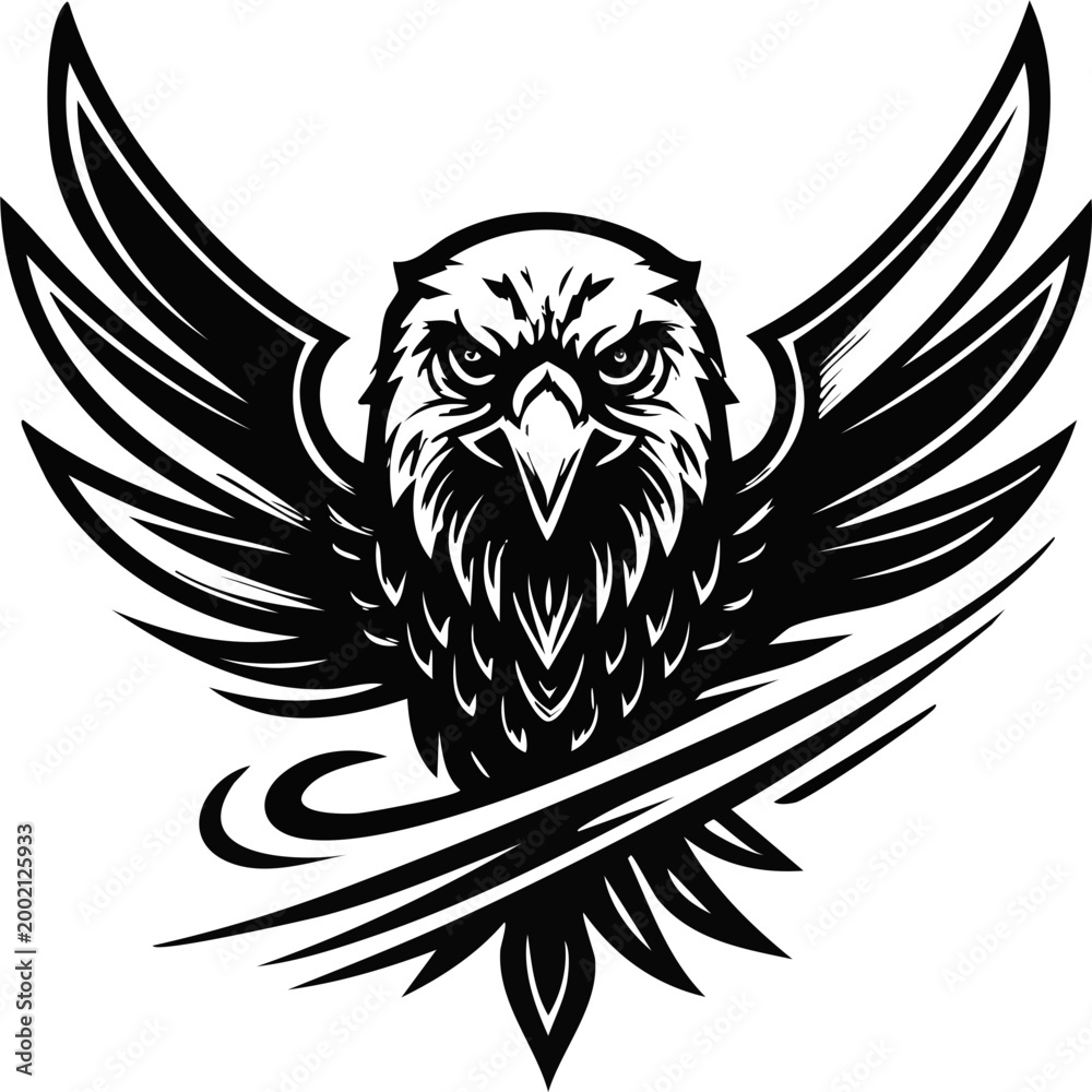 Fototapeta premium Eagle : Black and white tribal eagle tattoo design with spread wings in a bold vector style symbolizing power and strength
