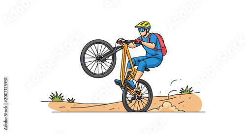 Dynamic illustration capturing a skilled rider performing a wheelie on a bicycle during an outdoor cycling adventure showcasing extreme sports and recreational cycling activities in a vibrant