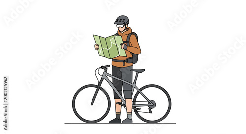 Adventurous person examining a map while standing with their mountain bicycle wearing protective gear for an outdoor expedition planning the next trail RIDER AND BIKE READY FOR CYCLING