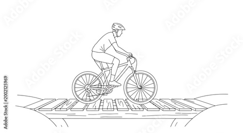 Active individual in protective headgear navigates a wooden structure on a bicycle with rugged wheels during an outdoor journey showcasing a healthy lifestyle and recreational pursuits