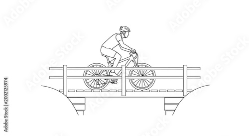 Active person riding a bicycle crossing a structure that spans over a gap with a clear depiction of outdoor sport and recreational activity showcasing a person engaged in healthy exercise while