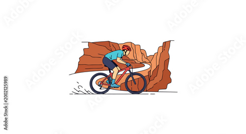Active person rides a bicycle down a scenic mountain trail filled with dramatic rock formations and winding pathways showcasing outdoor adventure and thrilling recreational pursuits for