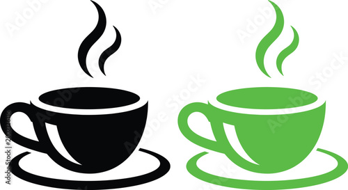 Contrast of black and green coffee cups with steam rising from them