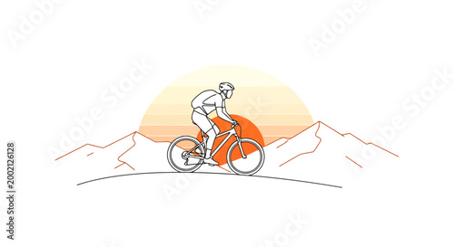 Person rides a bicycle over gentle terrain with a large sunrise glowing behind mountain peaks in an expressive line art drawing style depicting an active outdoor adventure journey