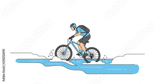 Skilled cyclist rides a bicycle across a flowing stream obstacle creating splashes and water droplets during an outdoor adventure activity showcasing healthy recreation and energetic movement on